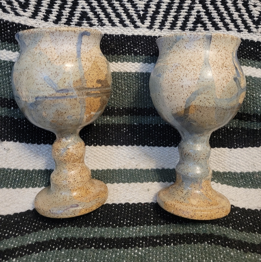 Rustic Wine Goblets Set Of 2 Handmade Stoneware Signed 2014 Pair Set Home Decor